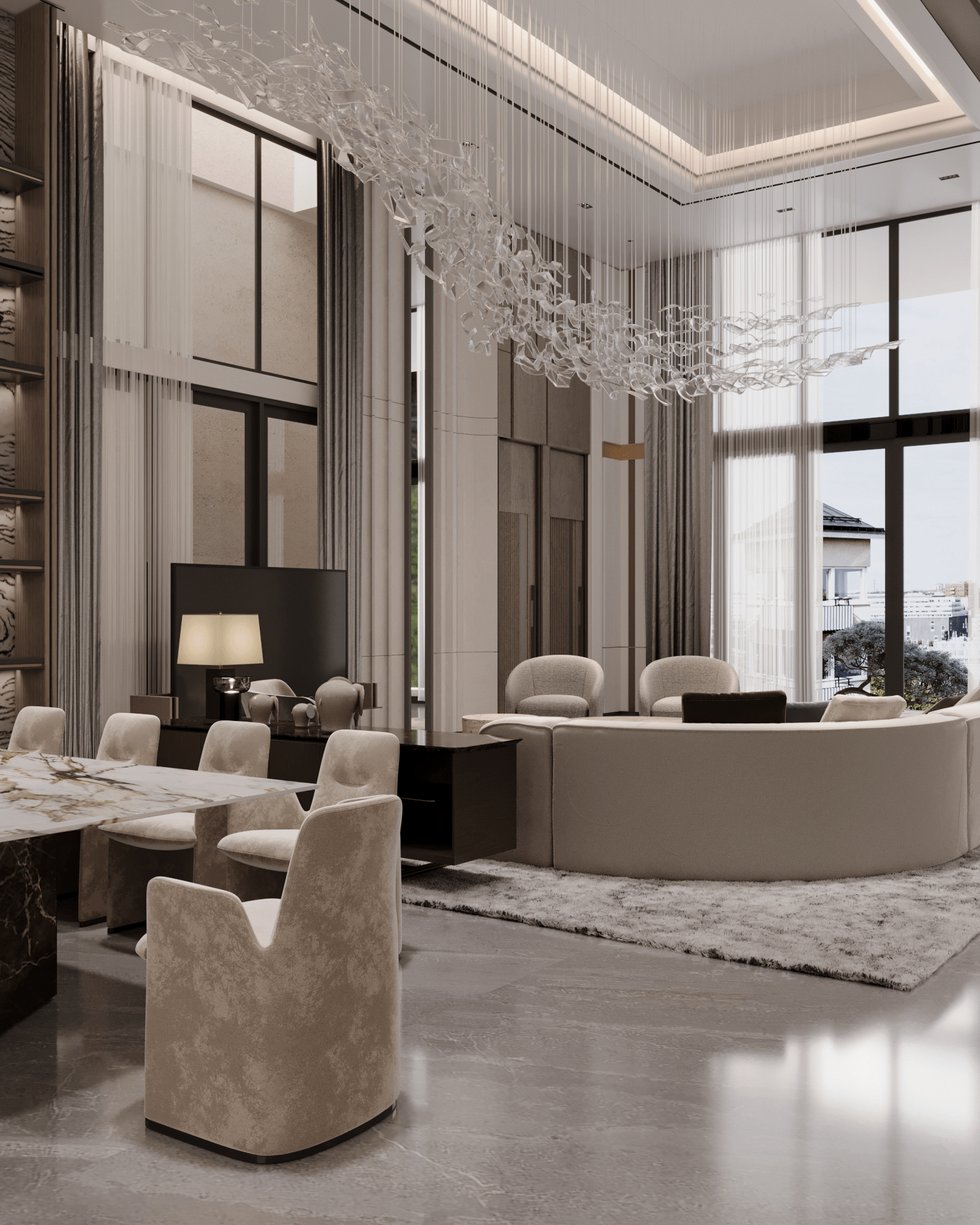 Timeless Harmony: Grand Living Room with Sculptural Elegance