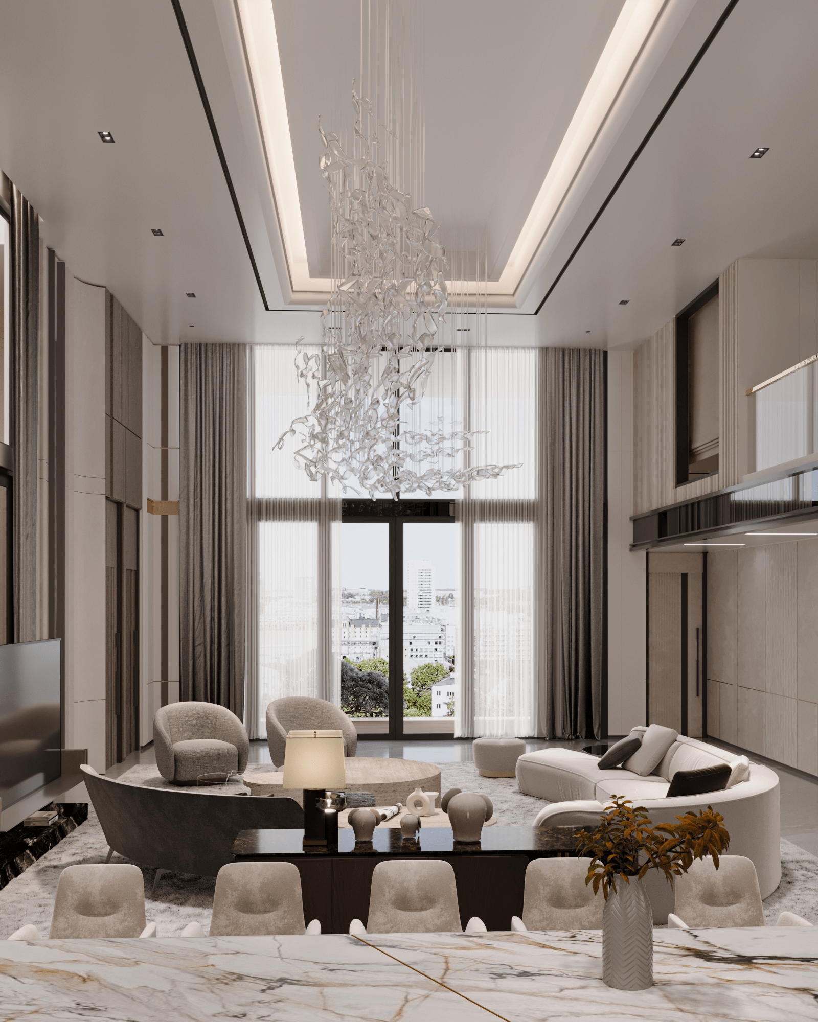 Timeless Harmony: Grand Living Room with Sculptural Elegance